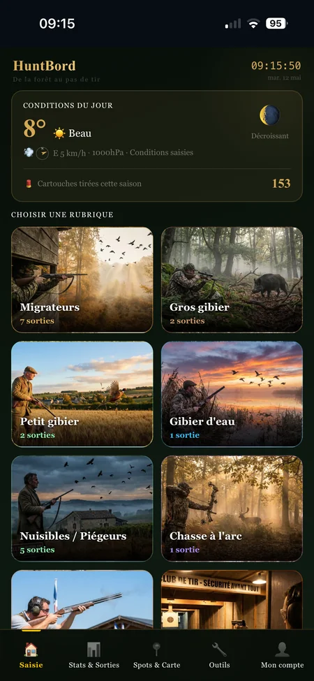 HuntBord — écran d'accueil : météo, lune et rubriques de chasse en un coup d'œil
