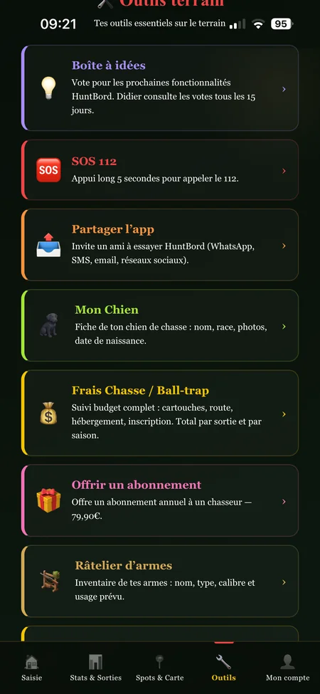 HuntBord — outils terrain : boîte à idées, SOS 112, râtelier, frais chasse